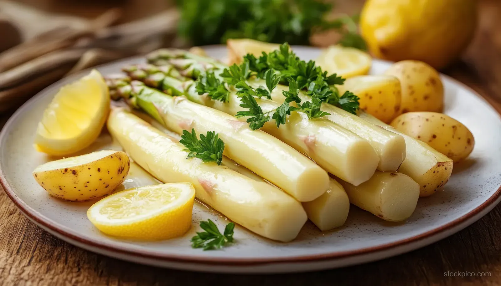 White asparagus spears on a plate with parsley and lemon wedges, with baby potatoes on a rustic wooden table.