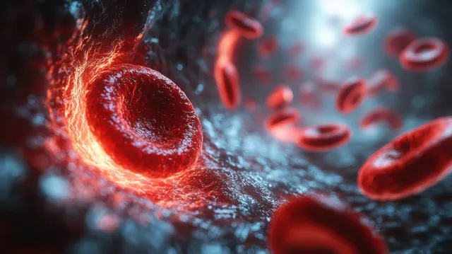 Red blood cells stream through a glowing artery, surrounded by blurred flowing cells under dramatic lighting.