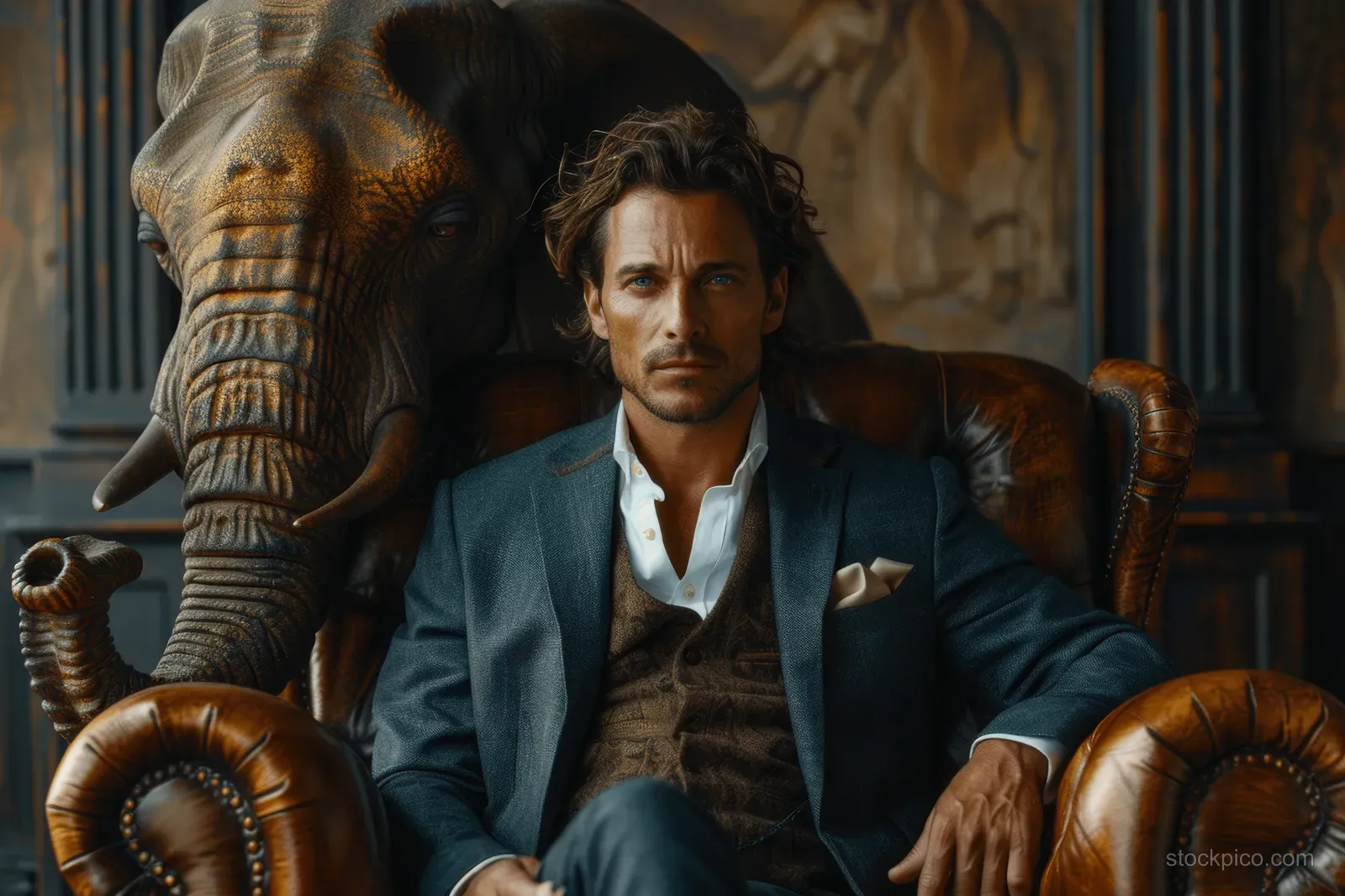 A suited man sits on a leather sofa while an elephant silhouette intrudes behind him in a dim room.