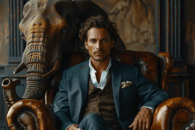A suited man sits on a leather sofa while an elephant silhouette intrudes behind him in a dim room.