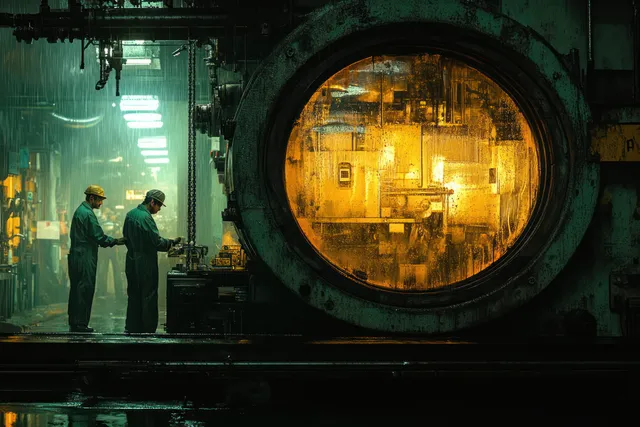 Two engineers inspect machinery next to a glowing circular window in a dim industrial workshop.