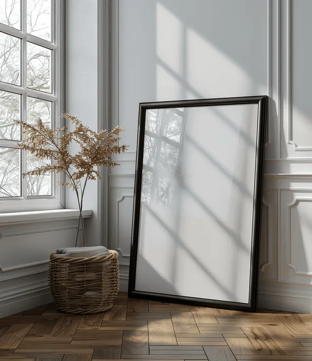Blank black wooden framed poster leaning on a parquet floor beside tall window light shadows indoors.