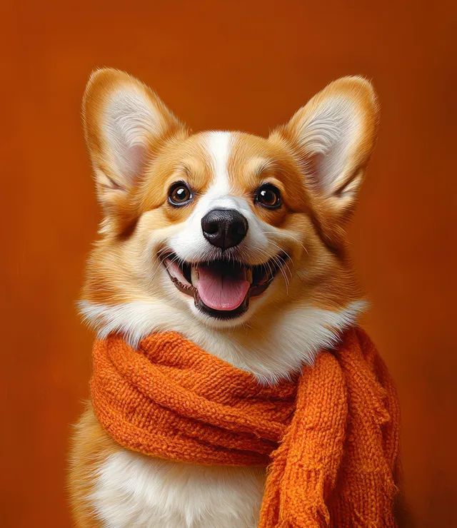 A tongue-out corgi smiles while wearing a chunky orange knitted scarf against a solid orange background.