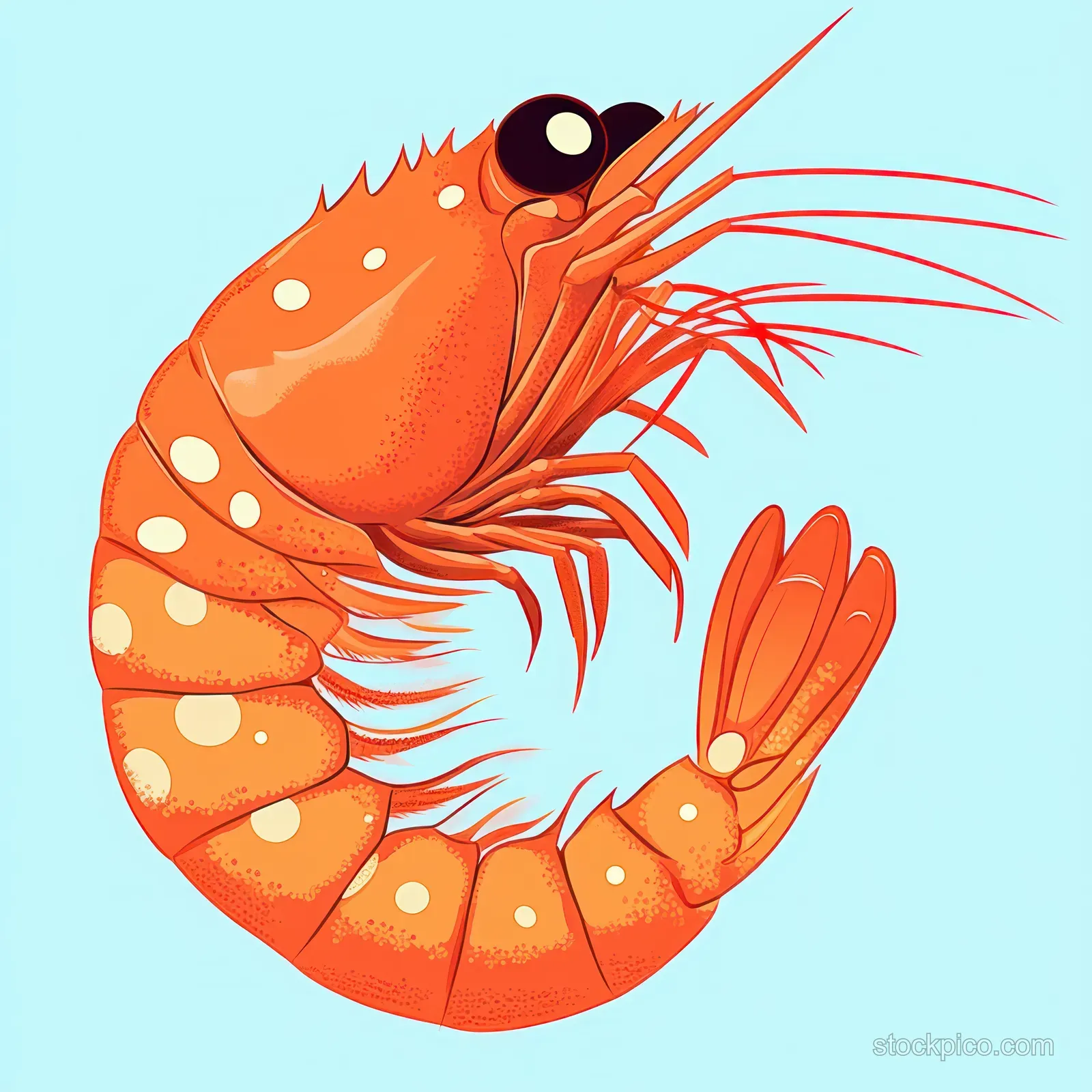 Orange shrimp illustration with white spots and long antennae on a light blue background.
