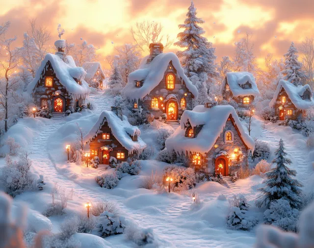 Whimsical winter village houses glow warmly under golden snowfall and starry sky light