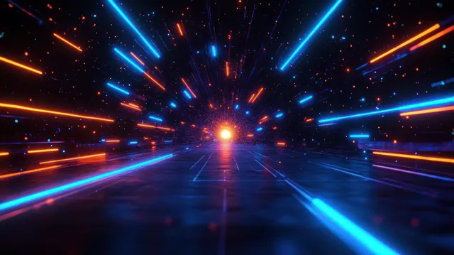 Neon cyber highway recedes into a glowing vanishing point with symmetrical laser beams
