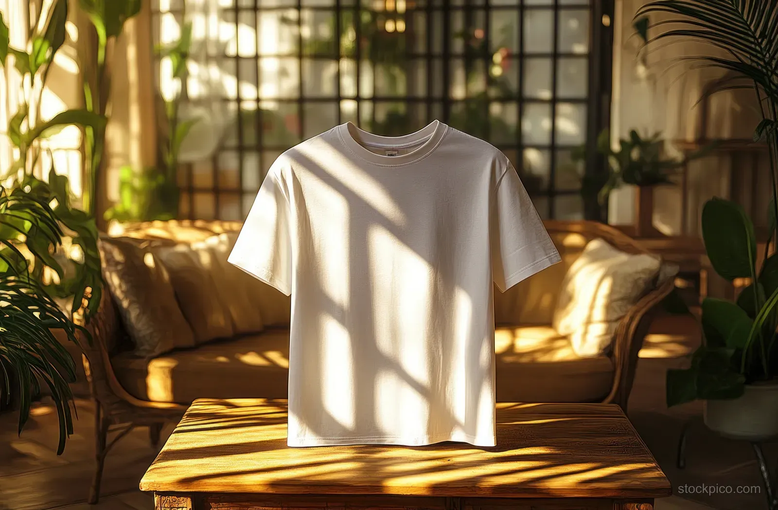 Blank white t-shirt displayed on a wooden table under warm window light with plants blurred behind.