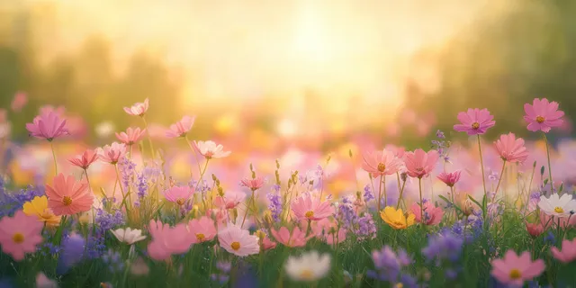 Pink and purple wildflowers in a sunlit meadow with warm golden haze behind them.