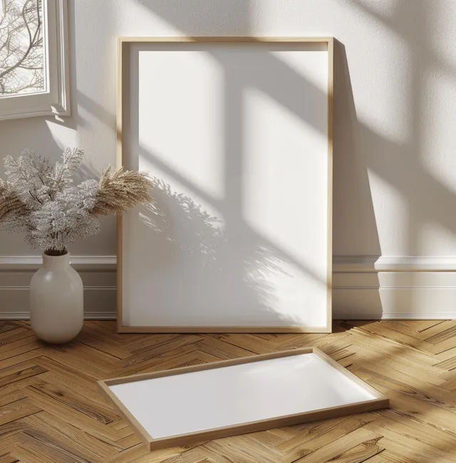 White poster frame mockup on a chevron parquet floor beside an empty wall canvas, lit by soft shadows.