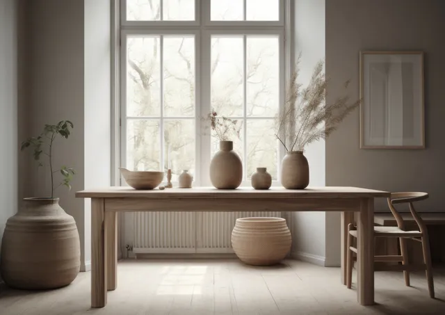 A minimalist wooden table with ceramic vases sits in a bright Scandinavian room by a large window.