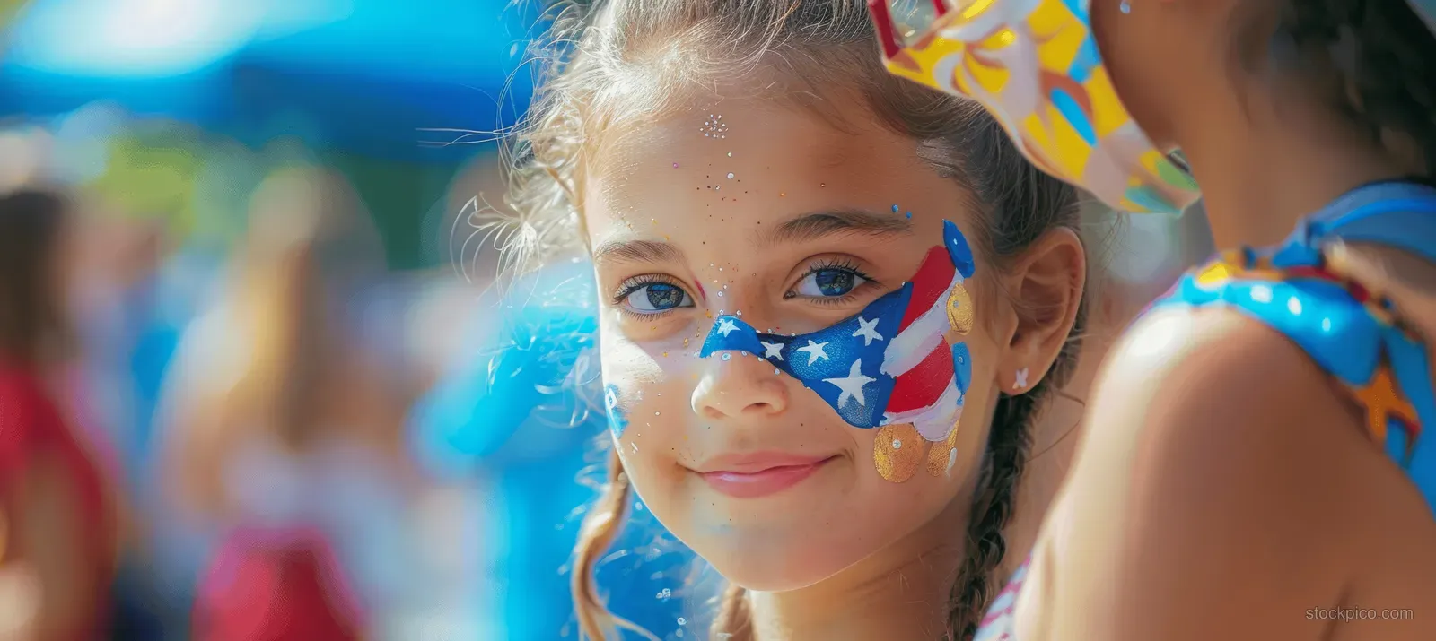 A young girl smiles with USA flag and blue star face paint while festival attendees paint around her.
