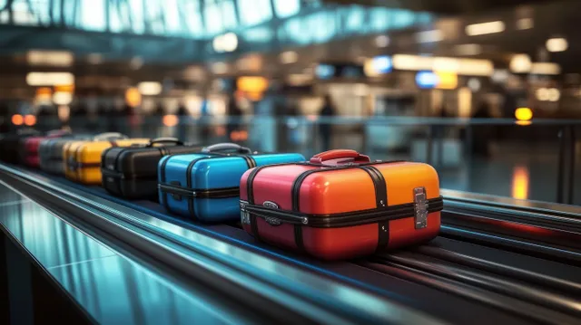Colorful suitcases ride along a conveyor belt inside a busy airport terminal.