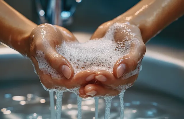 Hands rub together with soap foam under running water at a sink, showing lather on fingertips.