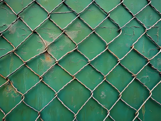 Rusty wire fence close-up on weathered green metal panel with oxidized lattice detail
