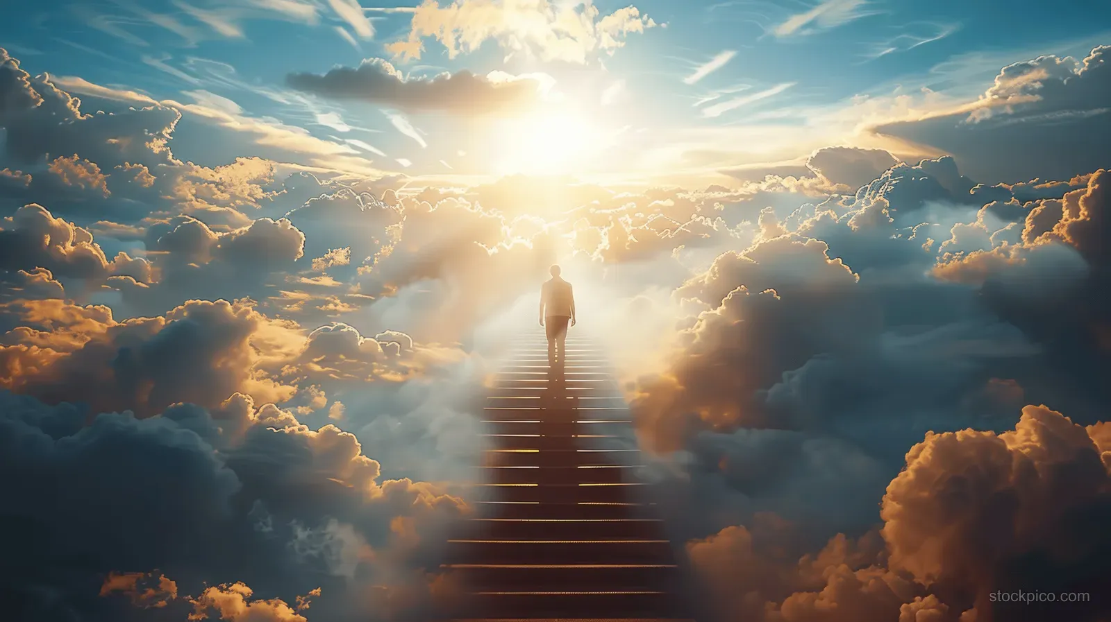 A man climbs heavenward stairs through glowing clouds under radiant beams of divine light.
