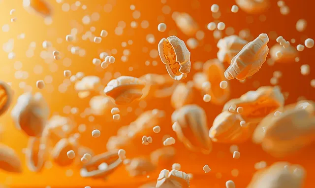 Roasted peanuts fall through sparkling splash particles on an orange background.