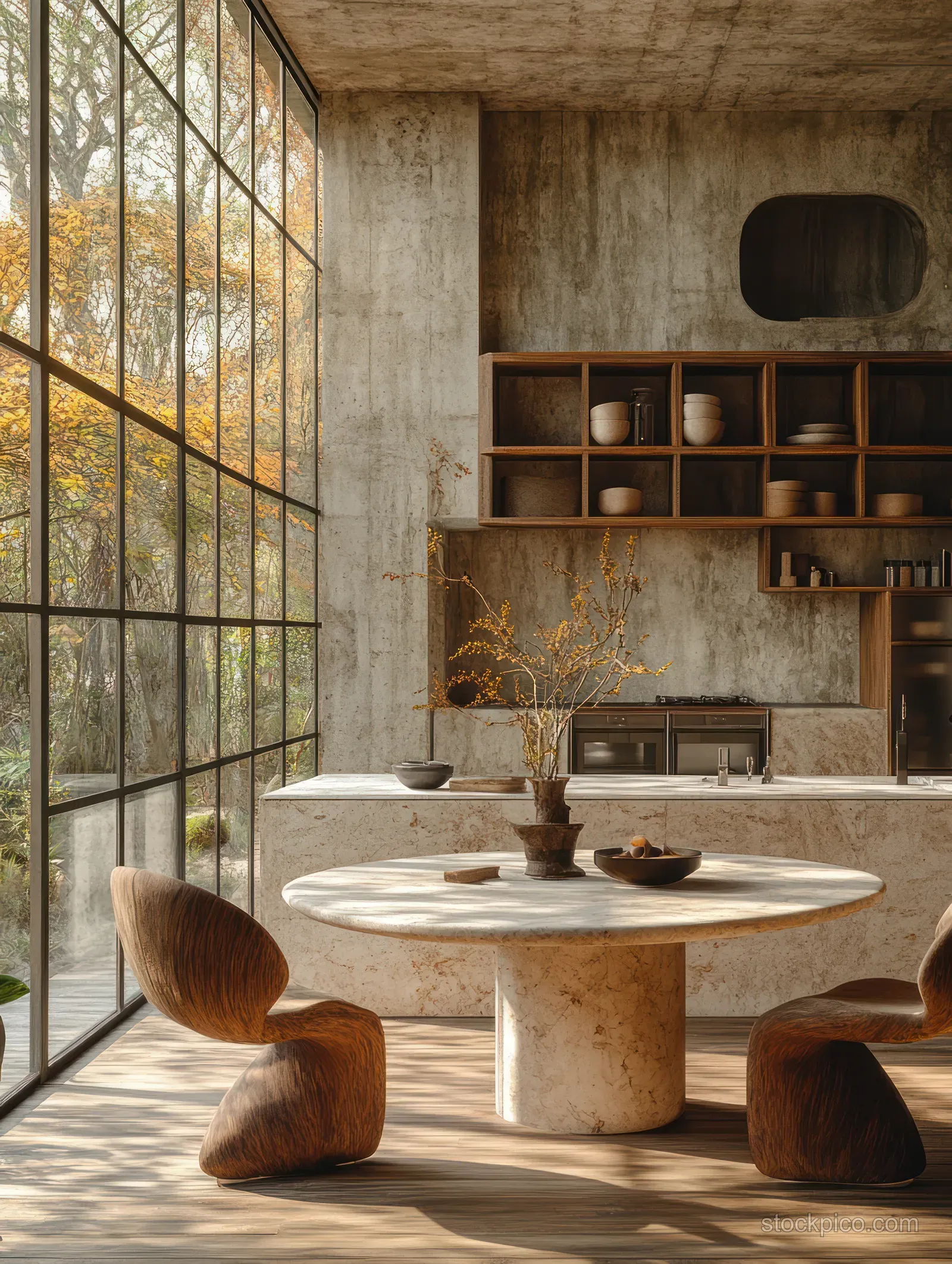Minimalist kitchen interior with a round marble table, curved stools, and daylight coming through a glass wall.