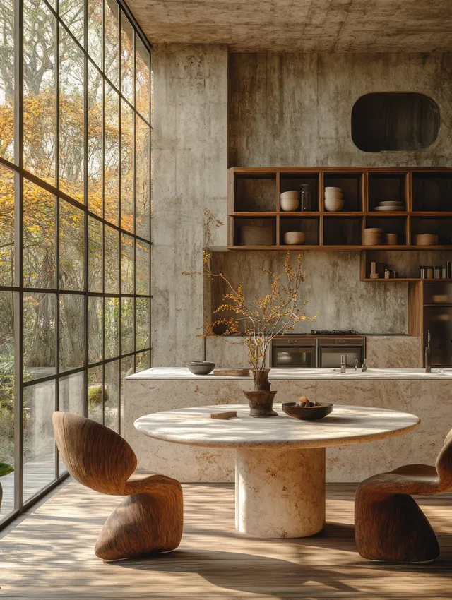 Minimalist kitchen interior with a round marble table, curved stools, and daylight coming through a glass wall.
