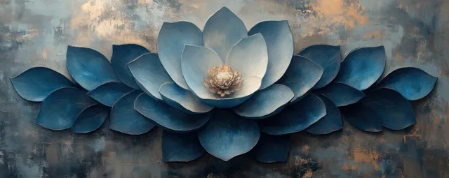 Blue paper lotus flower collage over grunge gray wall texture