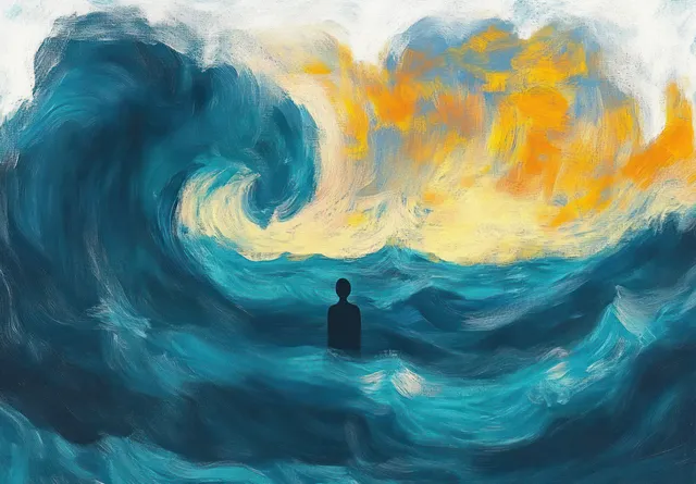 Silhouette of a lone person standing in churning ocean waves beneath swirling orange and yellow storm clouds.