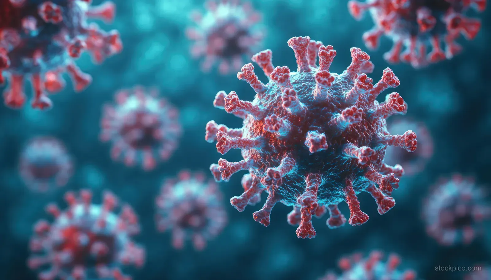 Close-up 3D virus particles with spiky surfaces in front of blurred microscopic background.
