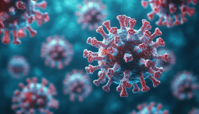 Close-up 3D virus particles with spiky surfaces in front of blurred microscopic background.