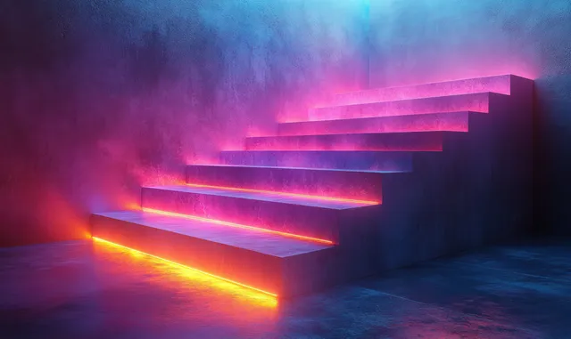 Neon purple and blue 3D staircase wall with warm orange light edges and soft shadows in a dark scene.