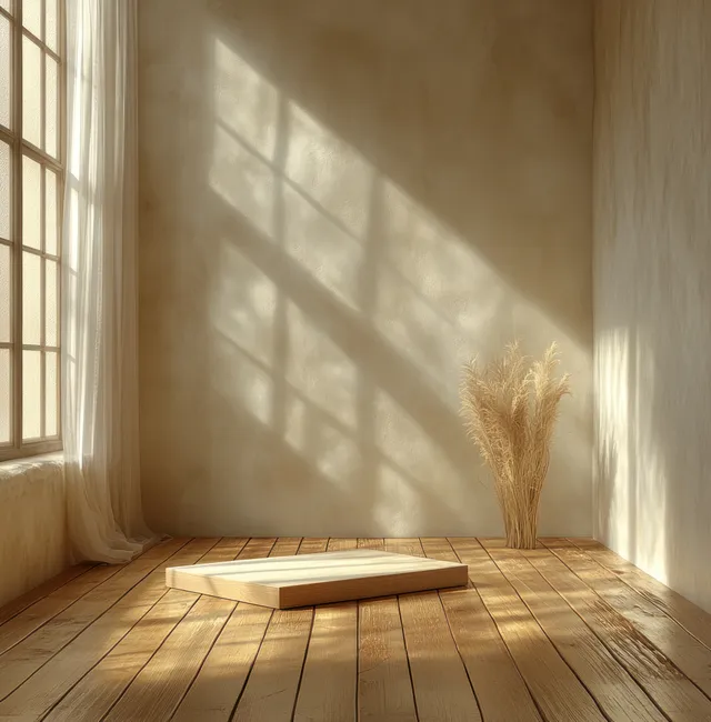 Empty wooden picture frame mockup on a herringbone floor with warm sunbeam shadows from a window.
