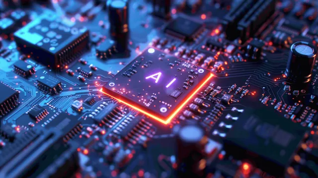 AI text glowing on circuit board chip in blue macro top-down close-up bokeh