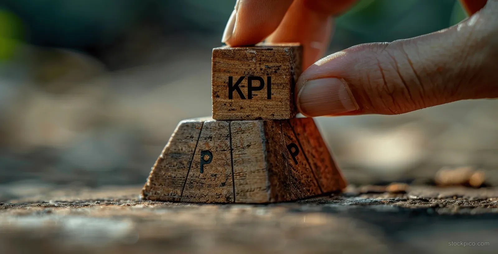 A hand places a KPI wooden block on a small stack of rustic wooden pieces outdoors.