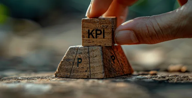Hand placing KPI block on wooden goal stack outdoors