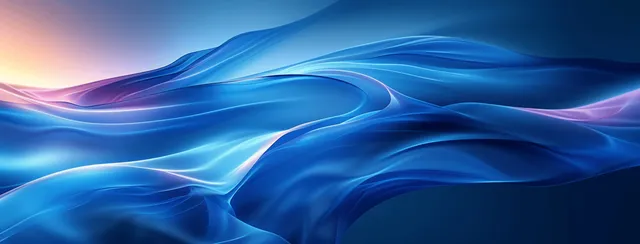 Glowing blue abstract waves sweep across a dark gradient background with smooth flowing curves.