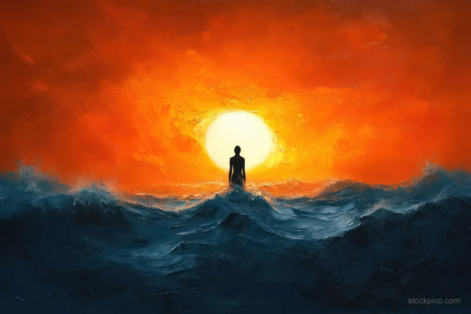 A lone silhouette stands in dark turbulent ocean waves facing a bright sun at sunset.