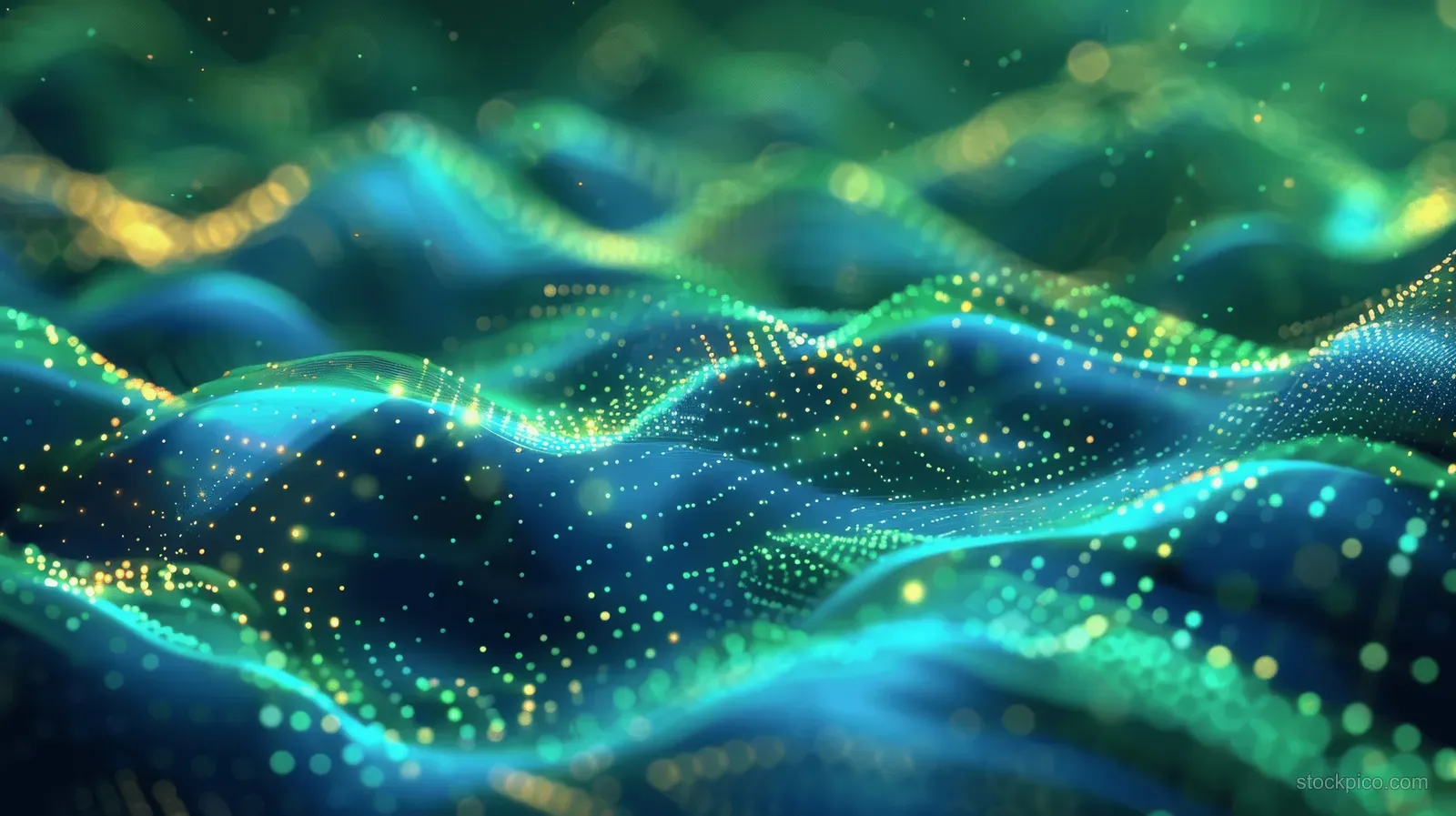 Green and blue glowing waves made of light dots drift across a dark abstract background.