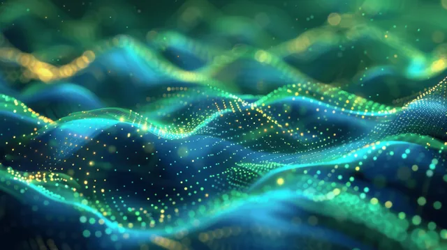 Abstract green and blue wavy network with glowing light dots and drifting particles
