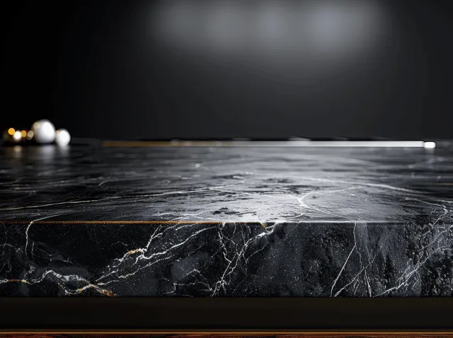 Black marble tabletop with gray veining on a dark background with an empty display surface.
