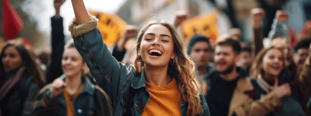 Young woman activist shouting at street rally, raised fist high amid cheering crowd behind