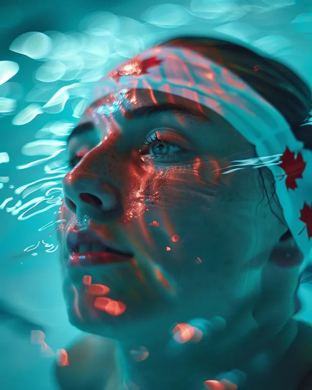 A Canadian female swimmer trains underwater in a blue pool with rippling water and gentle light.