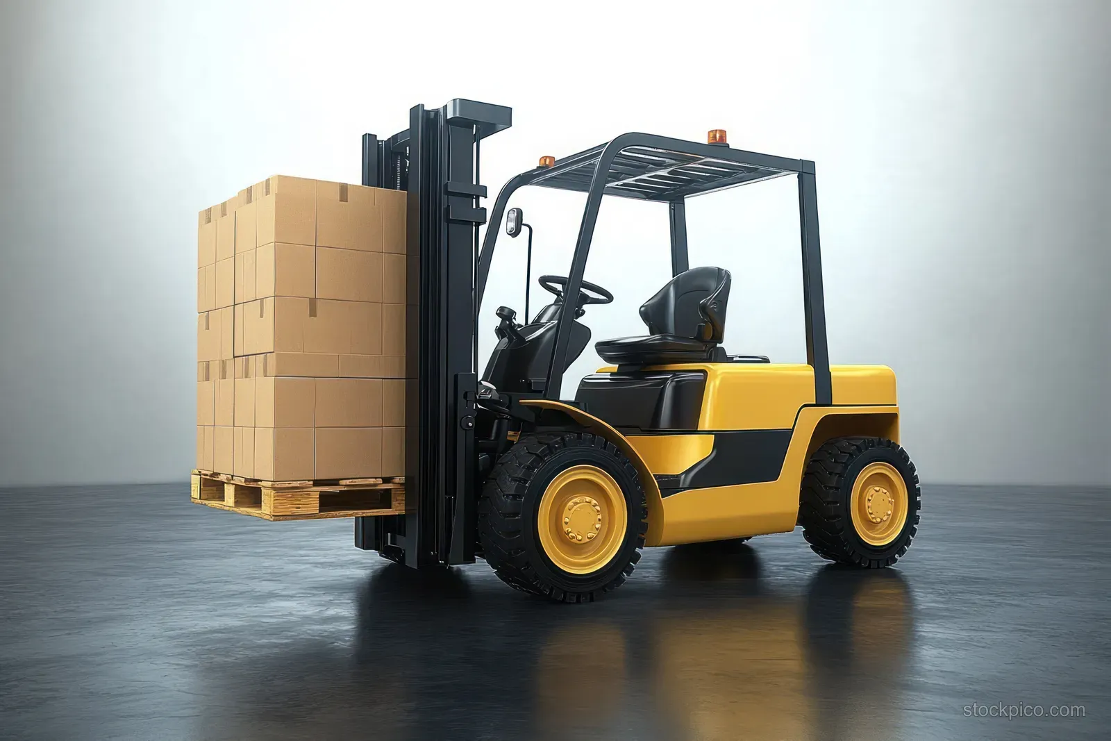 A yellow forklift lifts a wooden pallet stacked with cardboard boxes inside an industrial warehouse.