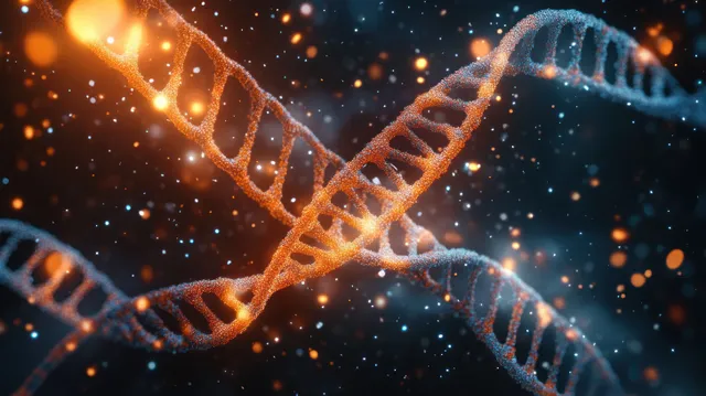 Glowing double-helix DNA strands with floating particles in blue and orange molecular background