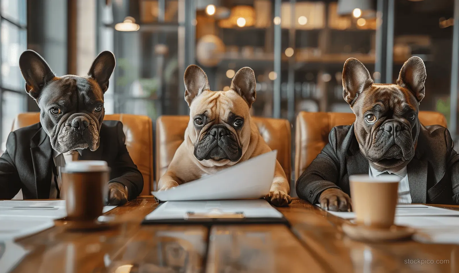 Three French bulldogs in business suits sit at a conference table with papers and coffee cups in a modern office.