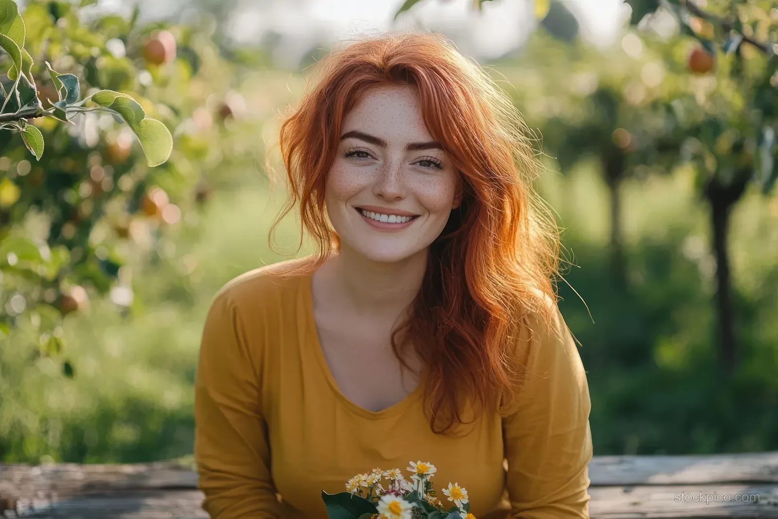 Smiling young woman with red hair and freckles holds small white and yellow flowers while seated outdoors among fruit trees.