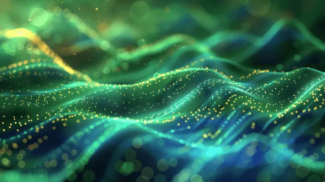 Glowing green and blue digital waves with floating particle dots and light lines