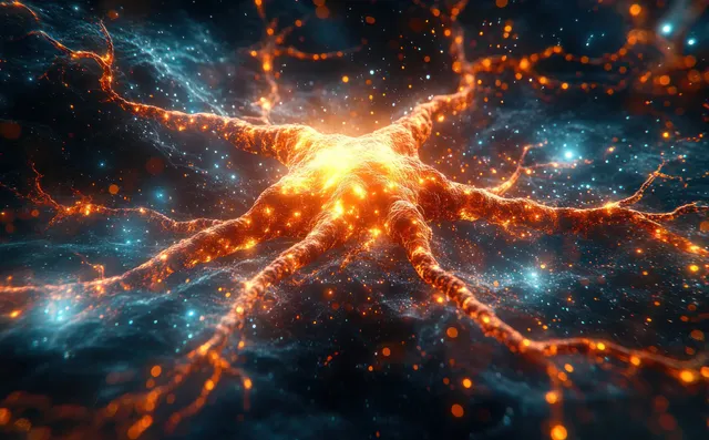 Luminous neuron branches extend through a cosmic background while red antibody-like particles glow around them.