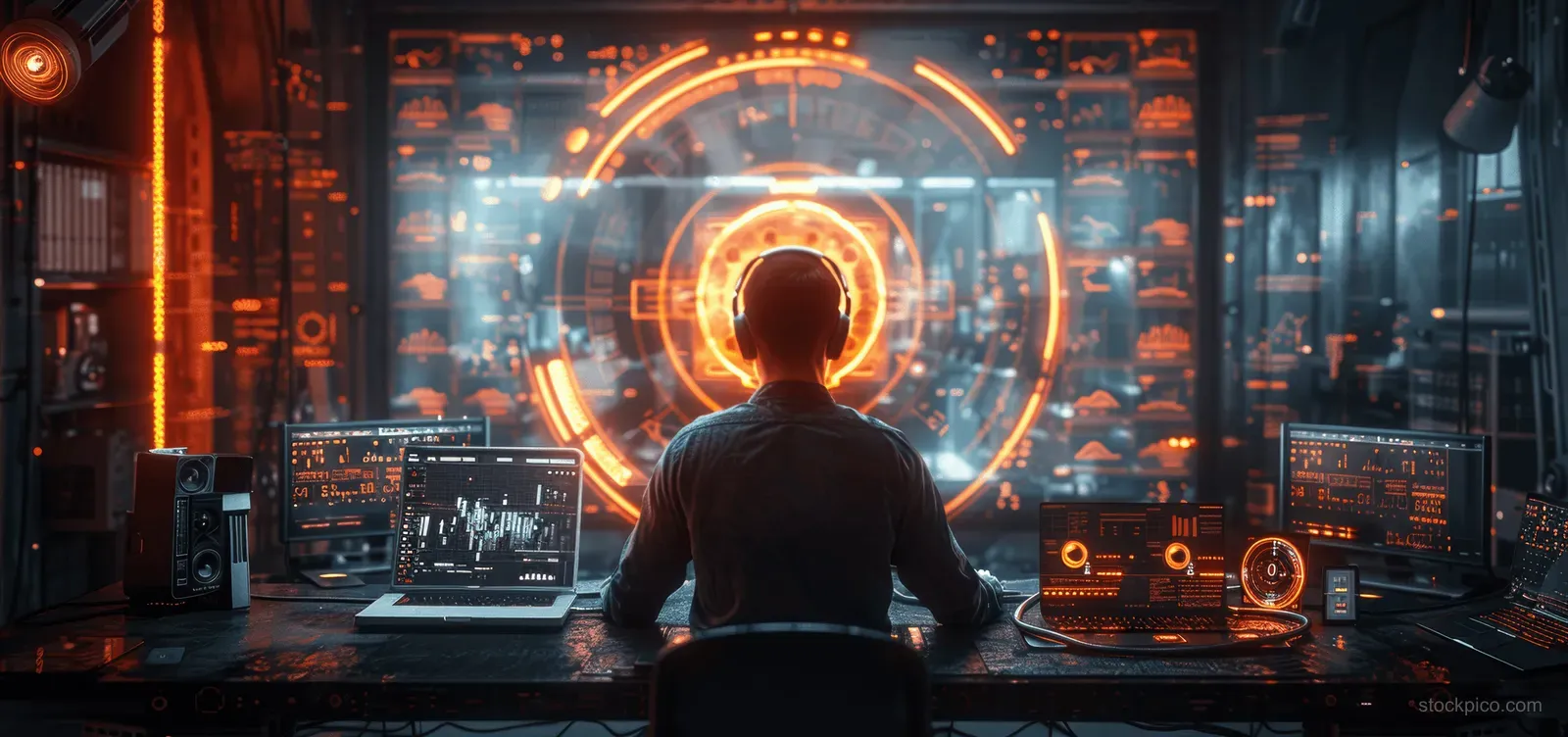 A person stands in a server room facing glowing encryption and lock graphics protecting network privacy.
