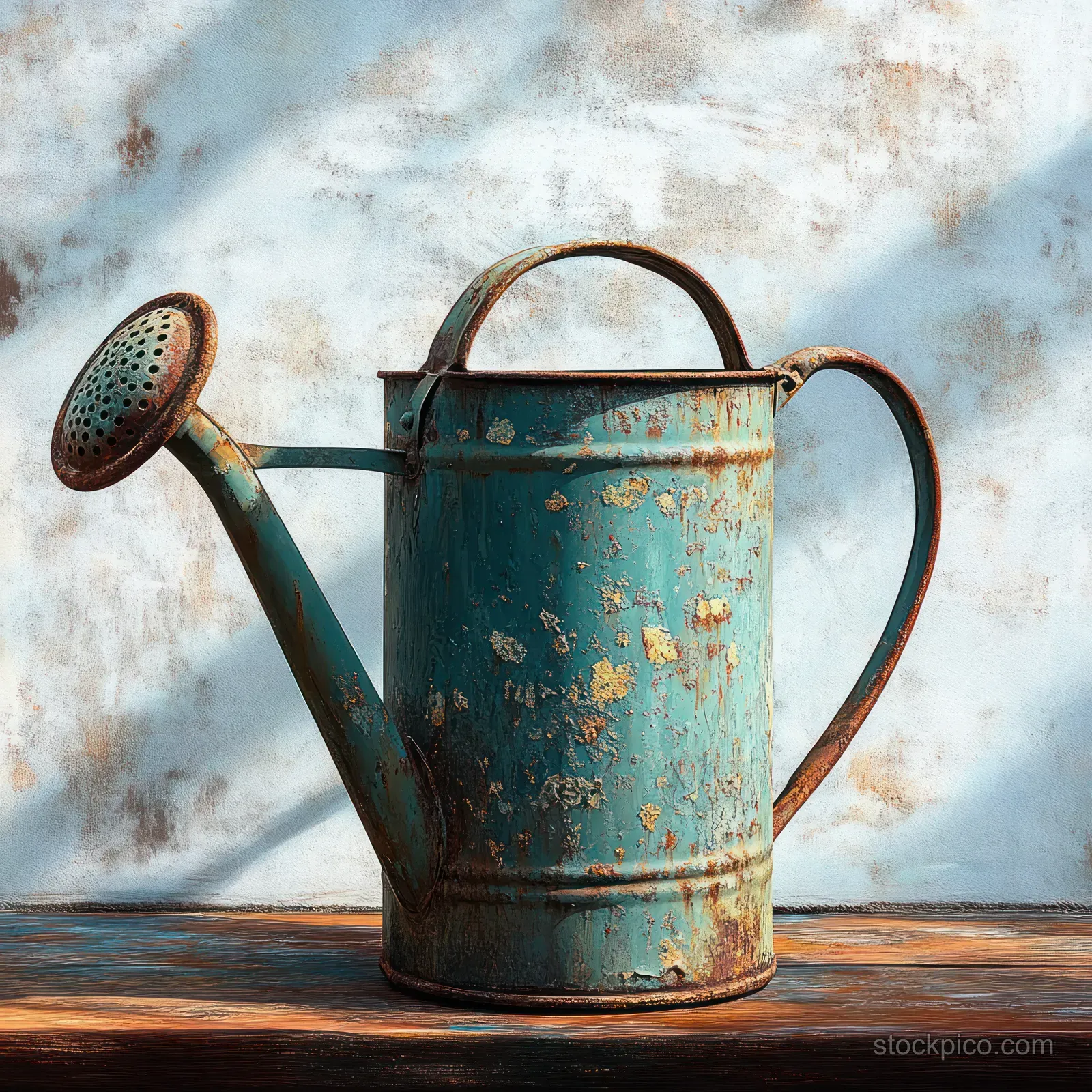 Rusty blue watering can with peeling paint sits on a wooden surface against a textured light wall.
