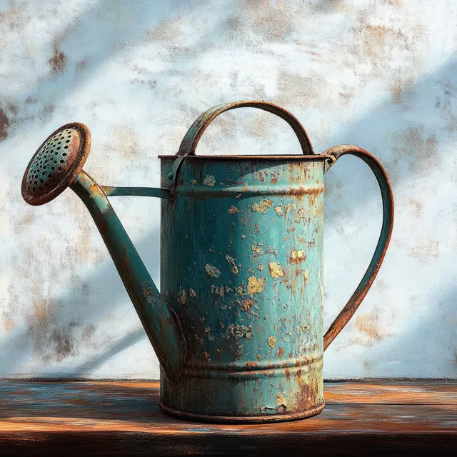 Rusty blue watering can with peeling paint sits on a wooden surface against a textured light wall.