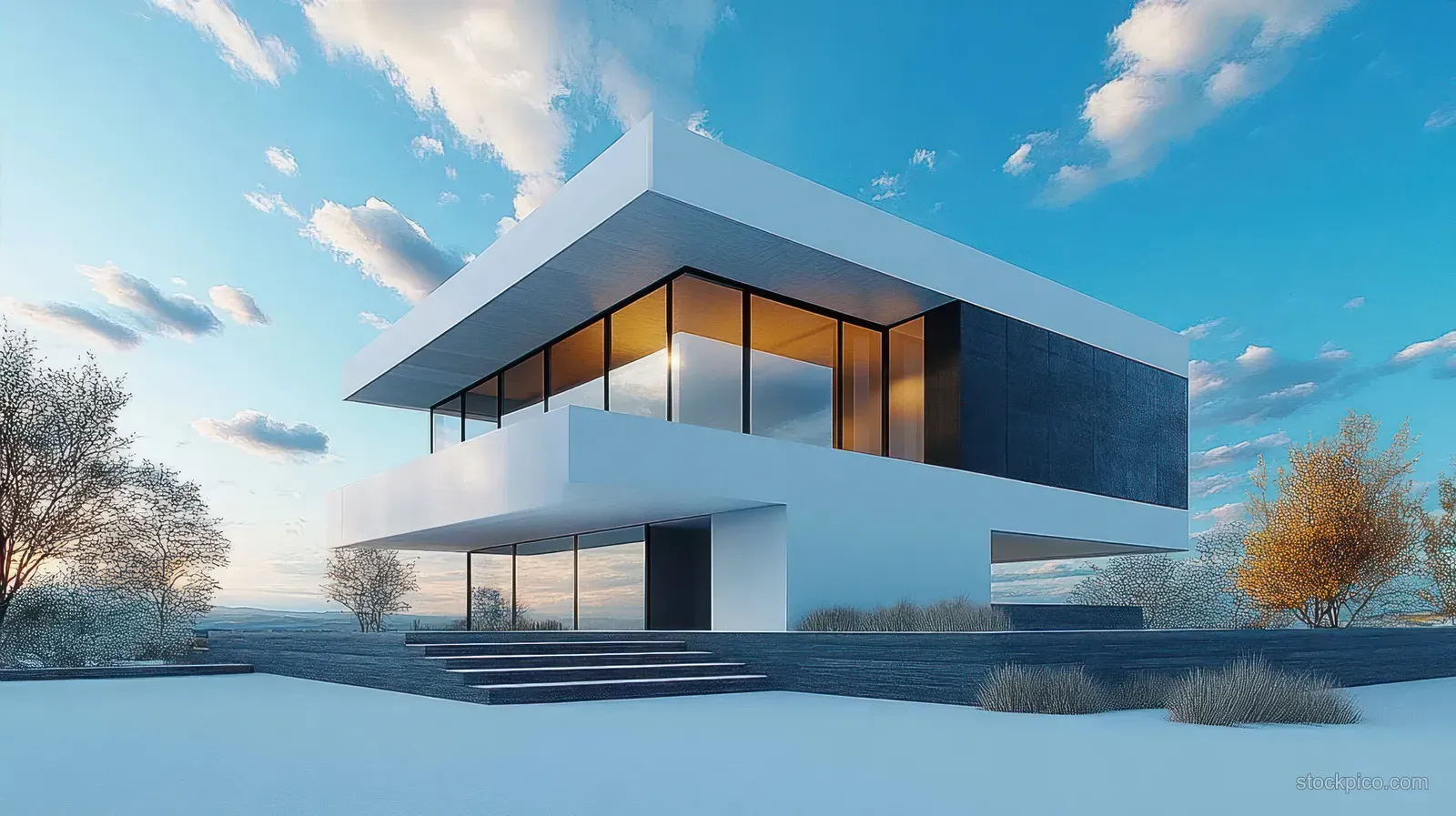 A minimalist two-story house with glowing floor-to-ceiling windows stands among sparse trees under a blue sunset sky.
