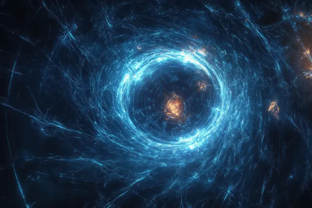 A blue electric light vortex spirals around a glowing orange core against a dark space-like background.