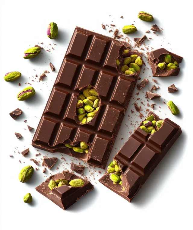 Broken dark chocolate bars with whole green pistachios, with scattered nuts and chocolate crumbs on a white background.